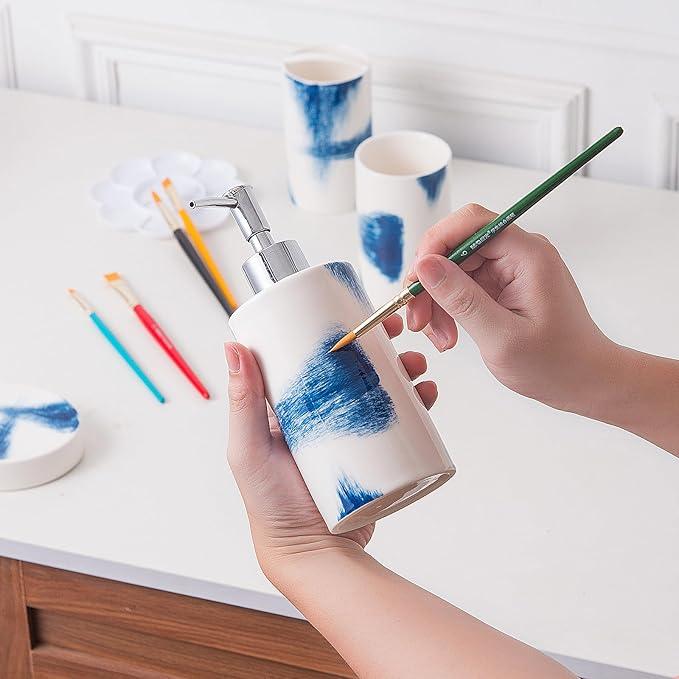 4 Piece Painted Ceramic Bathroom Accessory Set, Includes Soap Dispenser Pump, Toothbrush Holder, Tumbler, Soap Dish Sanitary, Ideas Home Gift for Ware Home Decor Bath(Blue & White) - ModernBath