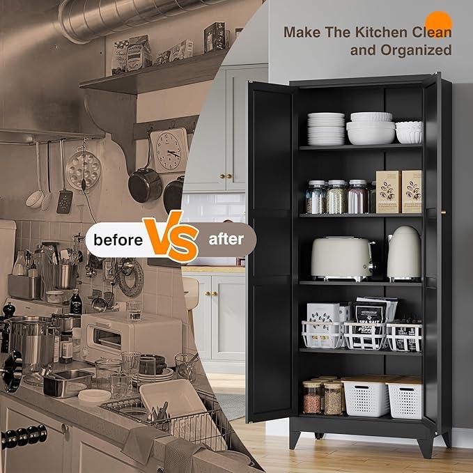 Yizosh Metal Pantry Cabinet, 75" Kitchen Pantry with 2 Door and 4 Adjustable Shelves,Black Metal Pantry Storage Cabinet,Cupboard for Kitchen,Dining Room,Living Room and Bathroom - ModernBath