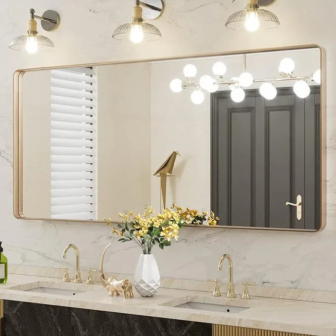 LOAAO 60”X28” Gold Bathroom Mirror, Rounded Rectangle Gold Frame Mirror, Brushed Gold Bathroom Vanity Mirror Wall-Mounted, Anti-Rust, Tempered Glass, Hangs Horizontally or Vertically - ModernBath