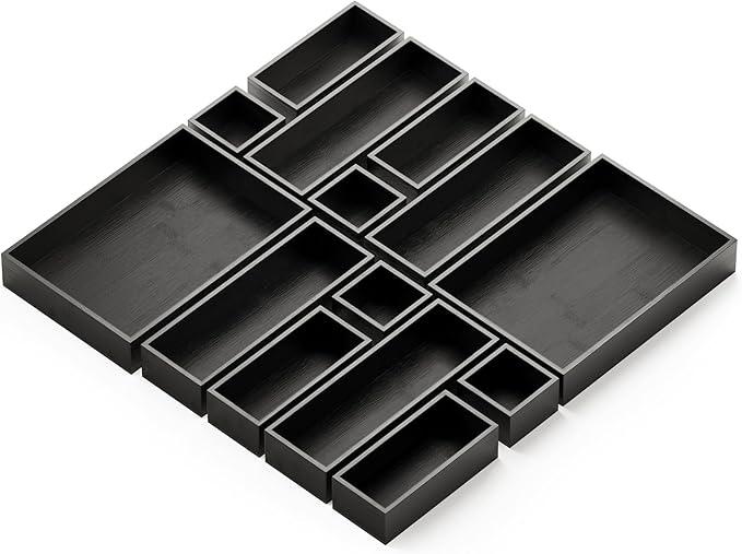 SpaceAid 14-Piece Bamboo Drawer Organizer Storage Boxes Set, Wood Tray Junk Drawer Organizers Multi-Use Divider Bins for Kitchen, Bathroom, Office Desk and Makeup Organization (14 Pack, Black) - ModernBath