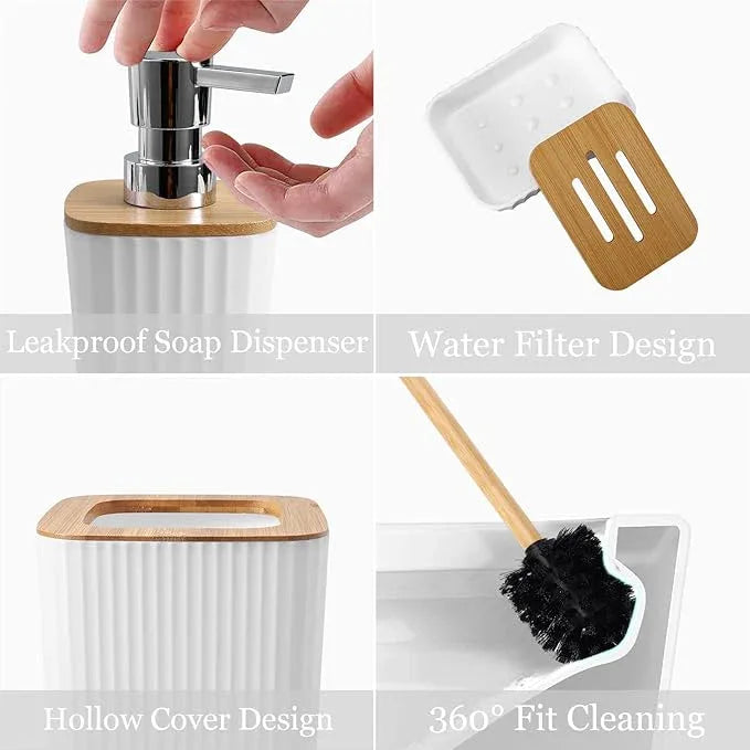 XLHOMO Bathroom Accessory Set, 9-Piece White Bathroom Set with Trash Can, Tray, Soap Dispenser, Toothbrush Holder, Toothbrush Cup, Soap Dish, Toilet Brush and Q-tip Holders for Bathroom/Housewarming - ModernBath