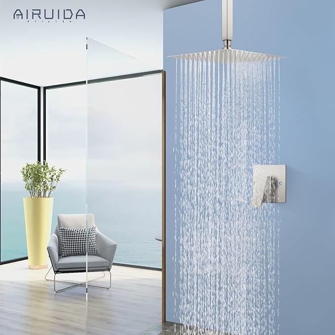 Airuida Shower Faucet Set and Handle Set Single Function Shower Trim Kit Ceiling Mount Rainfall Shower System with Male Threads and Rough-in Valve 10 Inch Square Shower Head Brushed Nickel - ModernBath