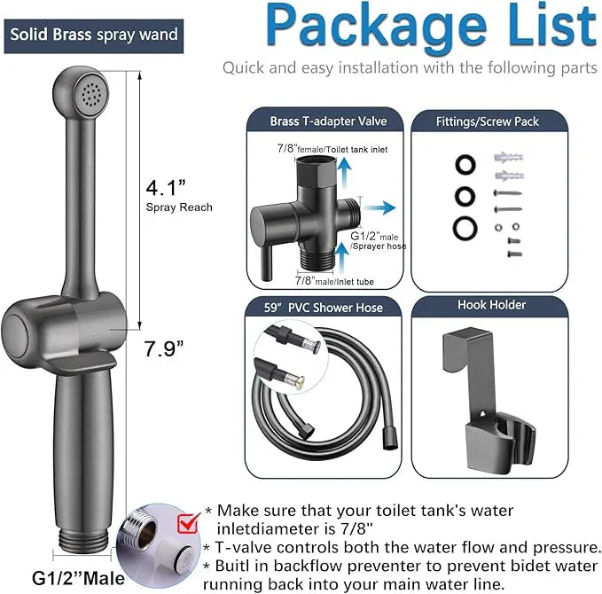 SonTiy Handheld Bidet Toilet Sprayers Black Stainless, Cloth Diaper Sprayer Bathroom Hand Held Jet Spray Bidet Attachment for Toilet with Adjustable Pressure Control, Solid Brass, 7.9" Bidet Wand - ModernBath