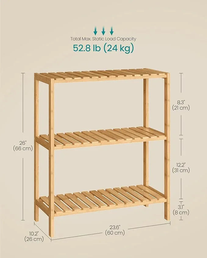 SONGMICS Bamboo Storage Shelf, 3-Tier Shelving Unit, Multifunctional, in The Entryway, Bathroom, Living Room, Balcony, Kitchen, 10.2 x 23.6 x 26 Inches, Light Bamboo UBCB33Y - ModernBath