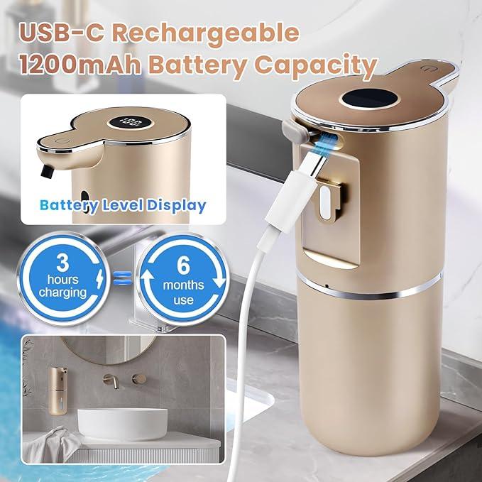 Automatic Soap Dispenser, Touchless Liquid Soap Dispensers, USB Rechargeable, 6-Level Adjustable Volume Control, 12.8oz/380ml, Wall Mount for Kitchen, Bathroom, Free Stickers (Champagne Gold) - ModernBath