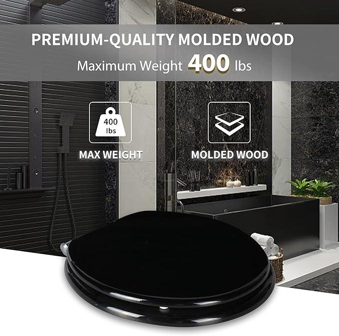 Angel Shield Toilet Seat with Zinc Alloy Hinges Quiet-Close Quick-Release Wood Molded UV Lid Easy Clean(Round,Black) - ModernBath