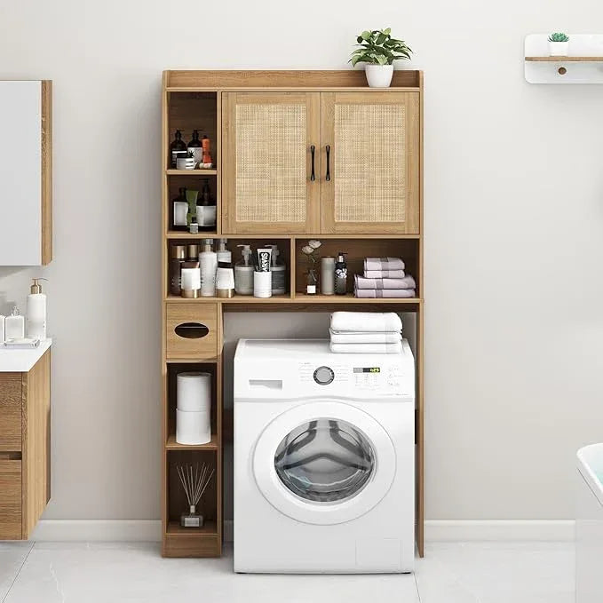 Farmhouse Rattan Storage Cabinet Over Toilet - 2 Door with Toilet Paper Holder - Space-Saving for Bathroom, Oak - ModernBath