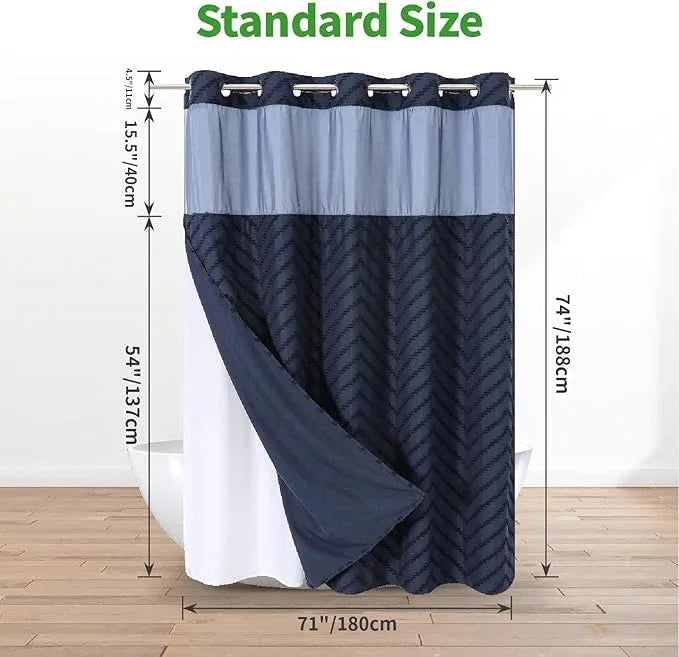 eachope No Hook Tufted Chevron Striped Shower Curtain with Snap-in Fabric Liner set-71Wx74H(72H),Navy Blue Hotel Grade Boho Style Shower Curtain with See Through Top Window,Water Repellent - ModernBath