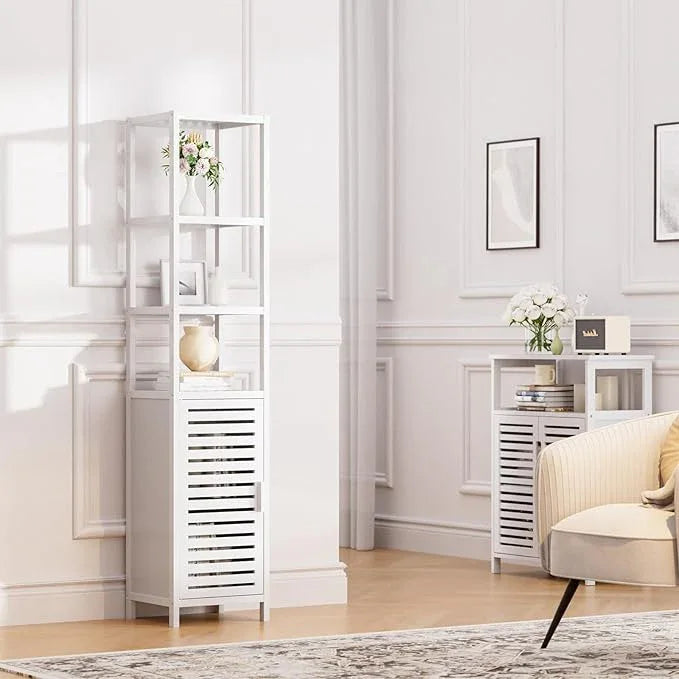 HITNET Bathroom Tall Cabinet, Floor Standing Bamboo Storage Cabinet with 6 Shelves and Shutter Door for Kitchen Living Room, White - ModernBath