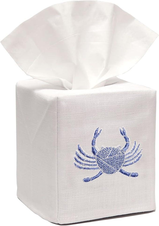 Jacaranda Living Square Tissue Box Cover, Linen/Cotton Fabric Tissue Holder, Decorative Cloth Tissue Cube Cover, Coastal Designs Crab (Blue) - ModernBath