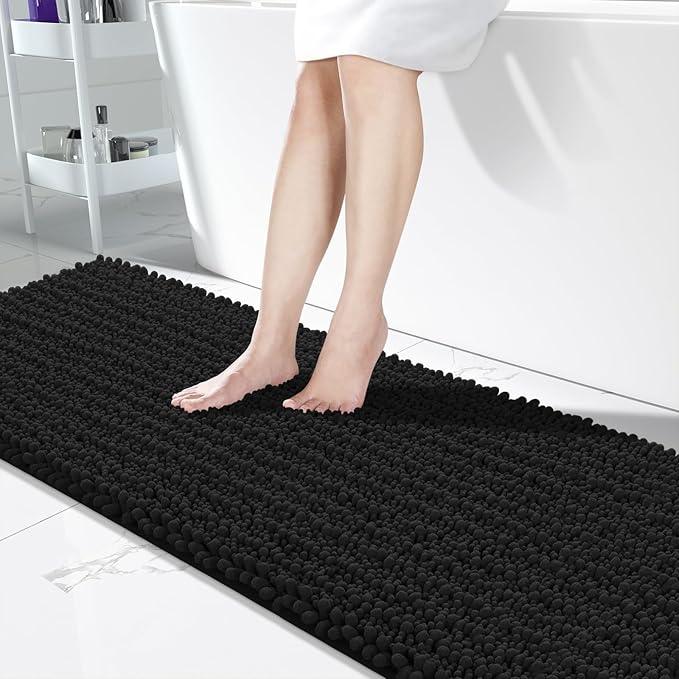 Yimobra Bathroom Runner Rug 70x24 Inch - Extra Long Non Slip Chenille Bath Mat, Soft & Absorbent, Machine Washable Shaggy Hallway Carpet for Vanity Tub Shower, Black Home Decor Accessories - ModernBath