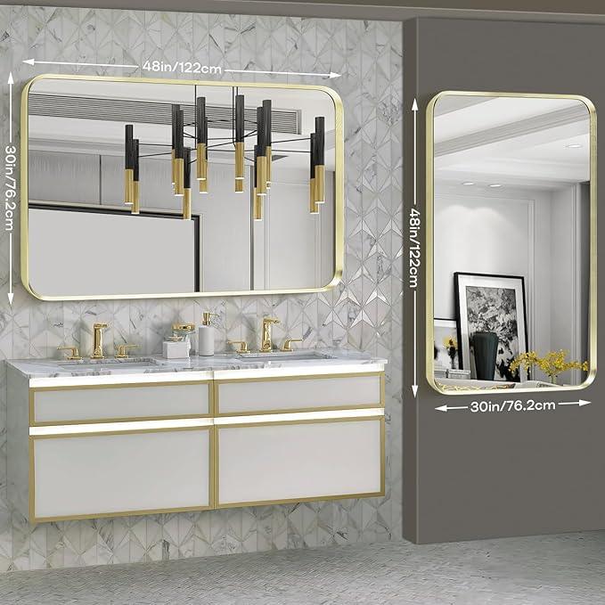 Minuover Large Gold Bathroom Mirror, Rounded Corner Rectangular Brushed Gold Frame Vanity Mirror, Wall-Mounted, Anti-Rust, Tempered Glass, Hangs Horizontally or Vertically (30" x 48", Gold) - ModernBath