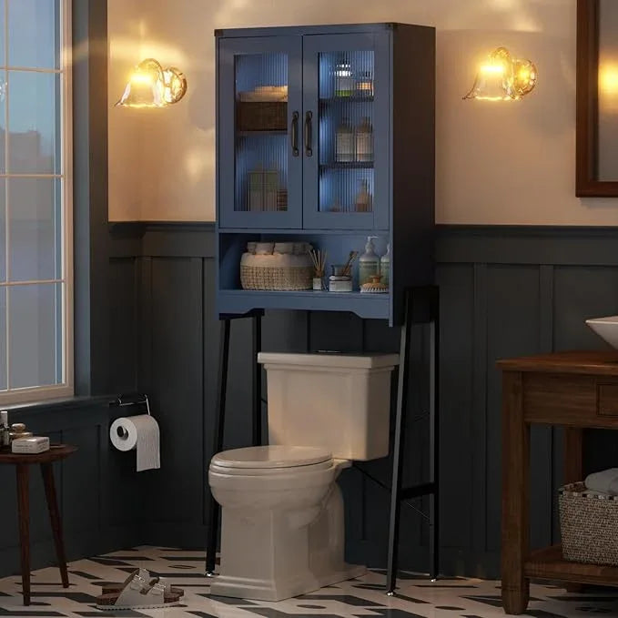 Over The Toilet Storage Cabinet with Tempered Glass Doors and Adjustable Shelf, Bathroom Organizer with Metal Stand Space Saver Over Toilet , Modern Toilet Rack for Bathroom, Restroom, Laundry, Blue - ModernBath