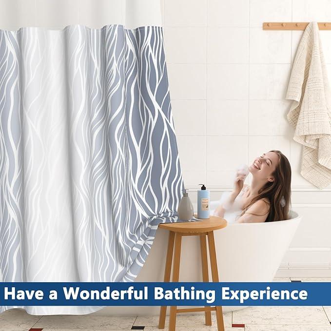 Ombre Light Blue Striped Shower Curtain with Liner, Aesthetic Hotel Luxury Bathroom Curtains, Modern Geometric Minimalist Double Layers No Hook Shower Curtain, Washable Waterproof Fabric, 71x74 inch - ModernBath