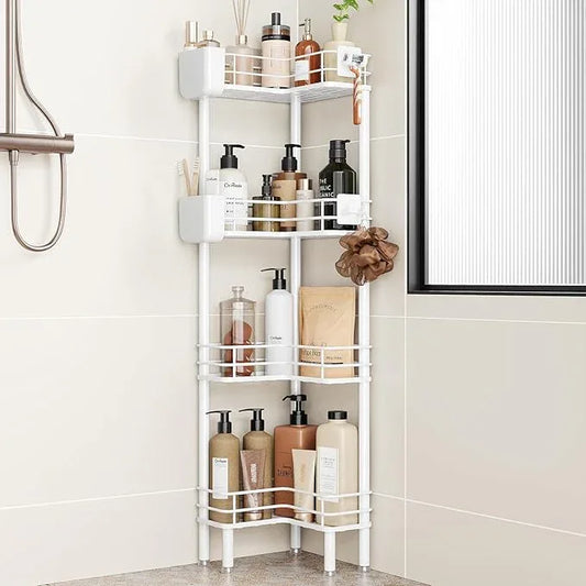 Orimade Rustproof 4 Tier Floor Standing Corner Shower Caddy Organizer with Toothbrush Holder, Large Spacing Floor Shower Shelf Rack Storage Stands with Hooks for Bathroom Kitchen, White - ModernBath