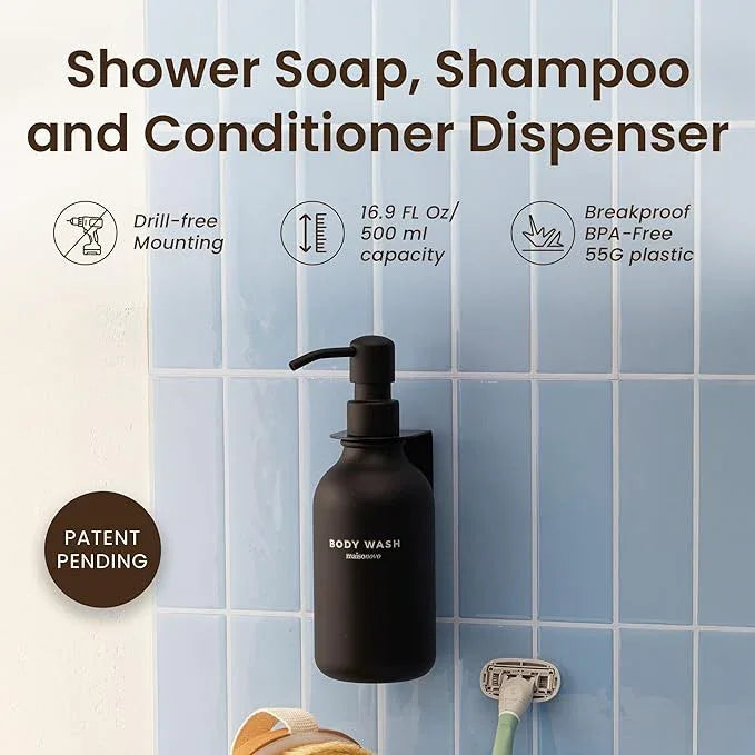 MaisoNovo Shampoo and Conditioner Dispenser - Shower Soap Dispenser Wall Mounted - 16.9 fl oz Set of 1 Black Plastic Bottles Black Pump - 1 Chamber No Drill - ModernBath
