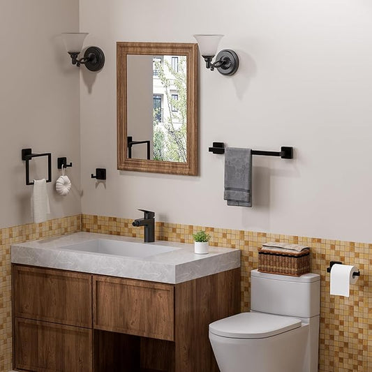 5-Piece Bathroom Hardware Set, Modern Square Black SUS304 Stainless Steel Wall Mounted Accessories for Bathroom & Toilet, Includes Towel Bar, Ring, Toilet Paper Holder and Double Hooks