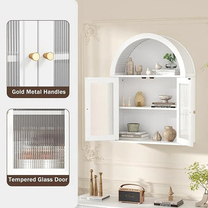 Arched Bathroom Cabinet, Wall Mounted Bathroom Cabinet with Tempered Glass Doors and Adjustable Shelf, for Kitchen, Living Room, Laundry Room, Restroom, White - ModernBath