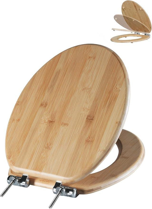 Angol Shiold ELONGATED Bamboo Wood Toilet Seat Soft Close Zinc Alloy Strong Hinges, Light, Easy to Install & Clean, Up to 400 lbs (Elongated 18.5", Natural Bamboo) - ModernBath