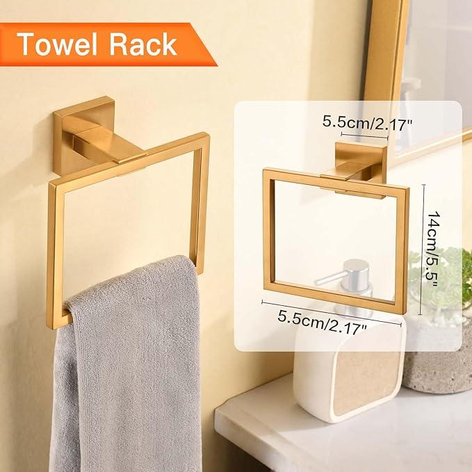 Bathroom Towel Bar Set 5 Pieces Brushed Gold Modern Bathroom Hardware Accessories Set Wall Mounted Include 16-InchTowel Bar,Towel Rack,Toilet Paper Holder with Shelf,Towel Robe Hook - ModernBath