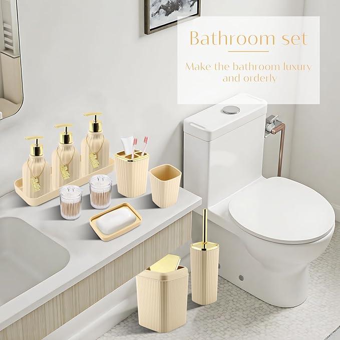 WSBArt 17PCS Bathroom Accessory Set Bathroom Set Beige Bathroom Accessories,Toilet Brush, Trash Can, Qtip Holder Dispenser& 3PCS Soap Dispenser - ModernBath