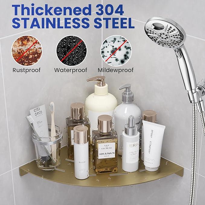 2 Pack Corner Shower Shelves Load Capacity 40 lbs 304 Stainless Steel Shower Corner Shelf Will not Rust 8in Shower Shelf for Inside Shower Brushed Gold Drilling Installation - ModernBath