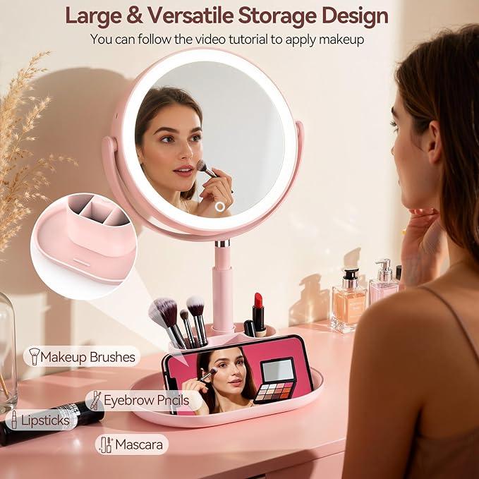 Shinowa Makeup Mirror with Lights, 1X/20X Lighted Magnifying Mirror with Storage for Makeup & Jewelry, 2-Sided Height Adjustable Vanity Mirror with 3 Color Lights, 360° Rotation & Rechargeable, Pink - ModernBath