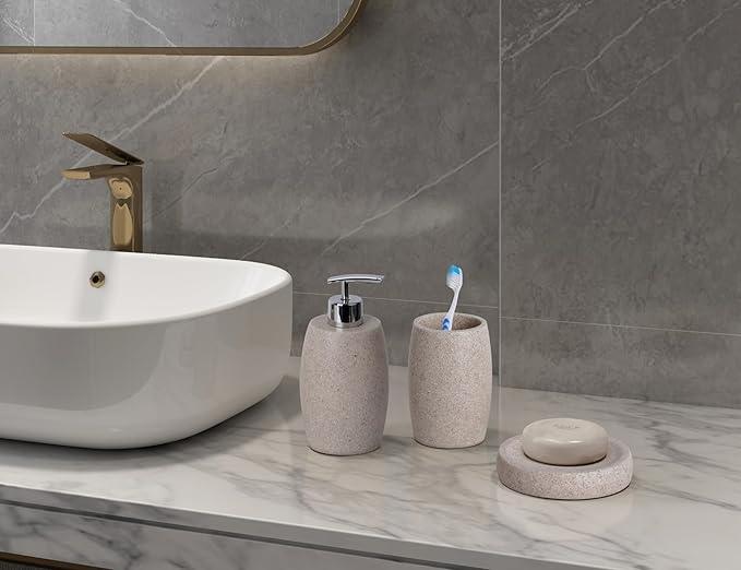Clasin Home Beige Bathroom Accessories Set 3 PC, Resin Sandstone Look Soap Dispenser, Toothbrush Cup, Soap Dish, Bathroom Soap Dispenser Set for Home Decor and Kitchen - ModernBath