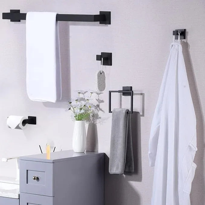 Bathroom Hardware Set Matte Black,16-inch Towel Rack 304 Stainless Steel 5-Piece Bathroom Accessories Kit Wall Mounted Include Towel Ring,Toilet Paper Holder,Robe Hook - ModernBath