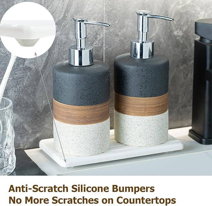 Cormomu Ceramic Dish Soap Dispensers Set(2 Pack), Hand, Dish, Shower Soap Dispenser for Kitchen Sink & Bathroom, Includes Stainless Steel Pump, Silicone Funnel & Diatomaceous Holder, Black - ModernBath