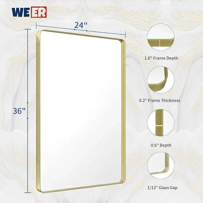 WEER Gold Bathroom Mirror, 24X36 Inch Brushed Gold Metal Frame Mirror, Rounded Rectangle Gold Bathroom Vanity Mirror for Wall, Tempered Glass, Anti-Rust, Hangs Horizontally or Vertically - ModernBath