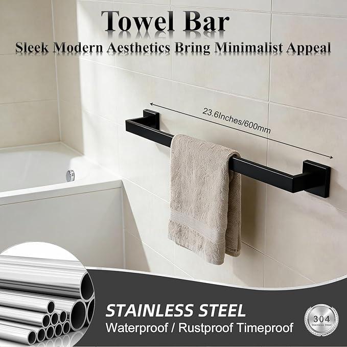 Bathroom Hardware Set 10 Piece Matte Black Bathroom Accessories Set SUS304 Towel Bar Set Includes 2 Towel Bar 24 Inch+2 Towel Holder+2 Toilet Paper Holder+4 Towel Hooks (10, Matte Black) - ModernBath