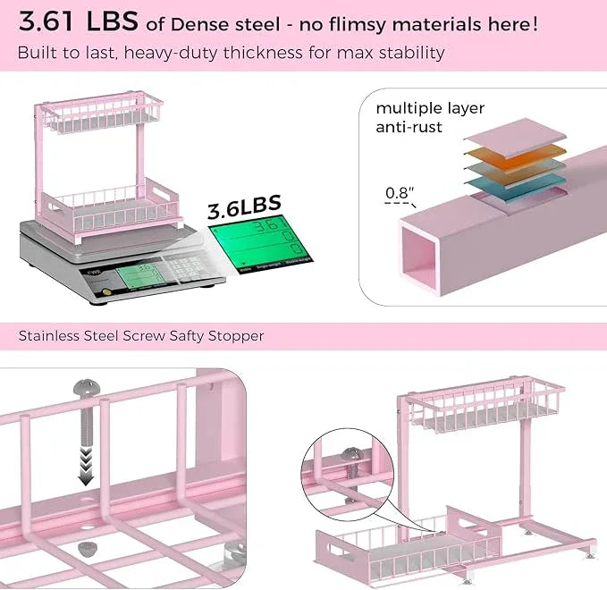 Under Sink Organizer for Kitchen and Bathroom, 2 Pack 2 Tier Pull Out Storage Rack - Height Adjustable Heavy Duty Metal Basket with High Capacity & Safety Stopper, Rustproof for Cleaning Supplies - ModernBath