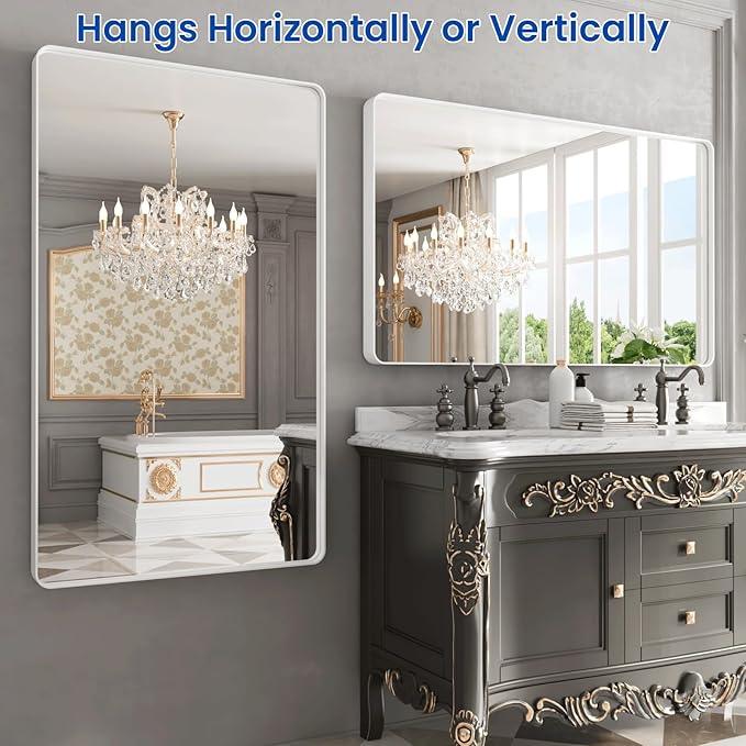 WEER White Bathroom Mirror 50X30 Inch, Rounded Rectangle White Metal Frame Mirror, Matte White Bathroom Vanity Mirror with Tempered Glass, Anti-Rust, Hangs Horizontally or Vertically - ModernBath
