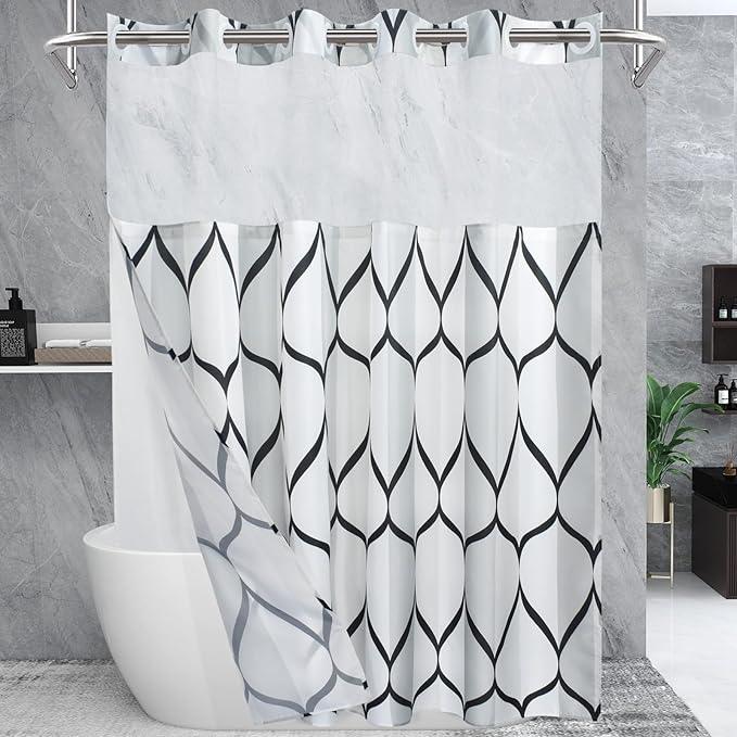 Yiatn No Hook Needed White Shower Curtain with Snap in Fabric Liner Set - Hotel Style with See Through Mesh Top Window, Modern Geometric Waterdrop Design,Water-Repellent & Washable, 71x74 INCH - ModernBath