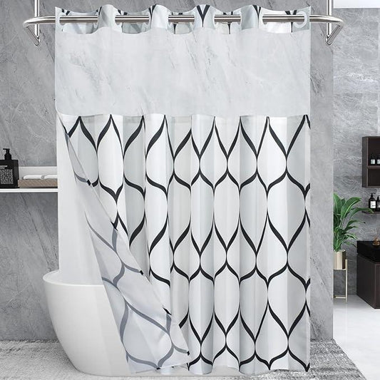 Yiatn No Hook Needed White Shower Curtain with Snap in Fabric Liner Set - Hotel Style with See Through Mesh Top Window, Modern Geometric Waterdrop Design,Water-Repellent & Washable, 71x74 INCH - ModernBath