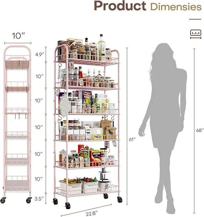 6 Tier Slim Rolling Storage Cart with Wheels, Metal Mobile Shelving Unit Organizer Utility Cart for Office Bathroom Kitchen Laundry Room Narrow Places (Pink 10 Inches) - ModernBath