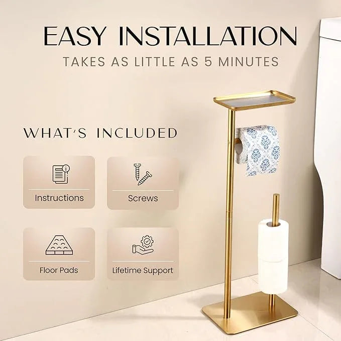Day Moon™ Gold Toilet Paper Holder Free Standing Toilet Paper Holder with Storage - Toilet Paper Stand and Tissue Holder for Bathroom - Toilet Paper Holder with Shelf and Wipe Holder - ModernBath