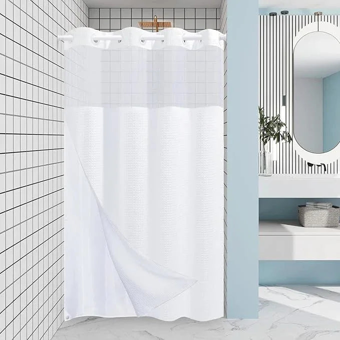 EUTXL White Stall No Hook Shower Curtain with Snap in Liner,230GSM Waffle Weave Shower Curtains for Bathroom,54W x 80H - ModernBath