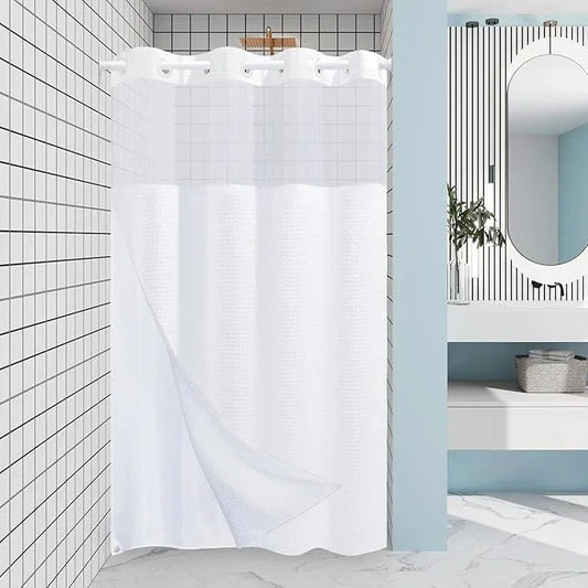 EUTXL Stall No Hook Shower Curtain with Snap in Liner,230GSM Waffle Weave Shower Curtains for Bathroom,60W x 74H,White - ModernBath