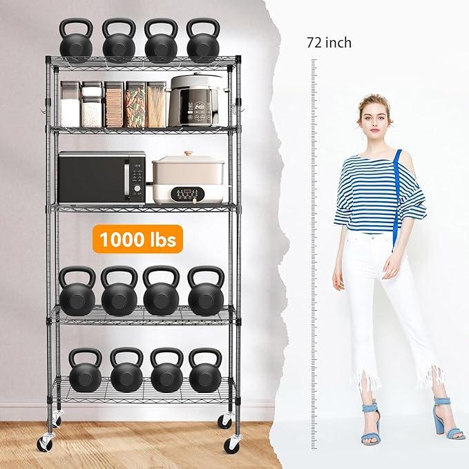 YNN Storage Shelves,1750Lbs 5 Tier Heavy Duty Metal Rolling Shelving Unit with Wheels & 8 Hooks, Adjustable Garage Wire Rack for Kitchen, Bathroom,Industrial,Pantry(36" W x 14" D x 72" H,Black) - ModernBath