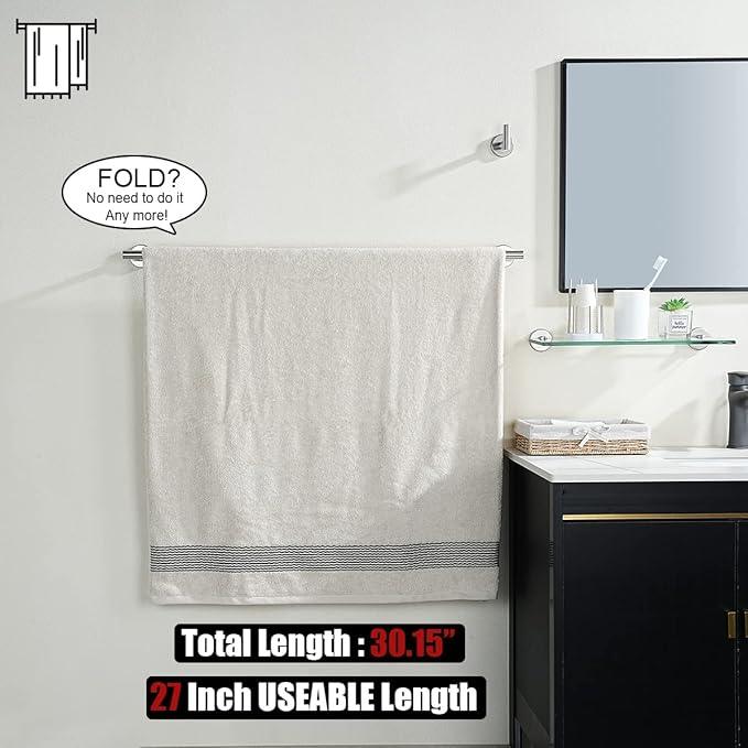 JQK Bath Towel Bar, 30 Inch 304 Stainless Steel Thicken 0.8mm Single Towel Rack for Bathroom, Towel Holder Brushed Finished Wall Mount, Useable Length 27 Inch, TB110L27-BN - ModernBath