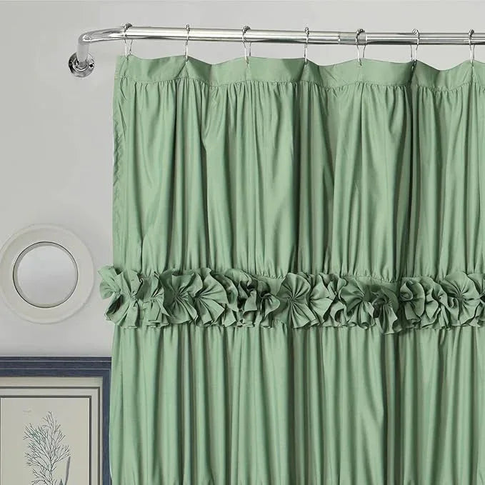 Homechoice Decor Light Green Ruffle Shower Curtain 72“ W x 84” H, Vintage Handcrafted Bow Tie Bath Curtain for Master Bathroom, Ruched Microfiber Bathroom Curtain with 12 Buttonholes (LQ-10) - ModernBath