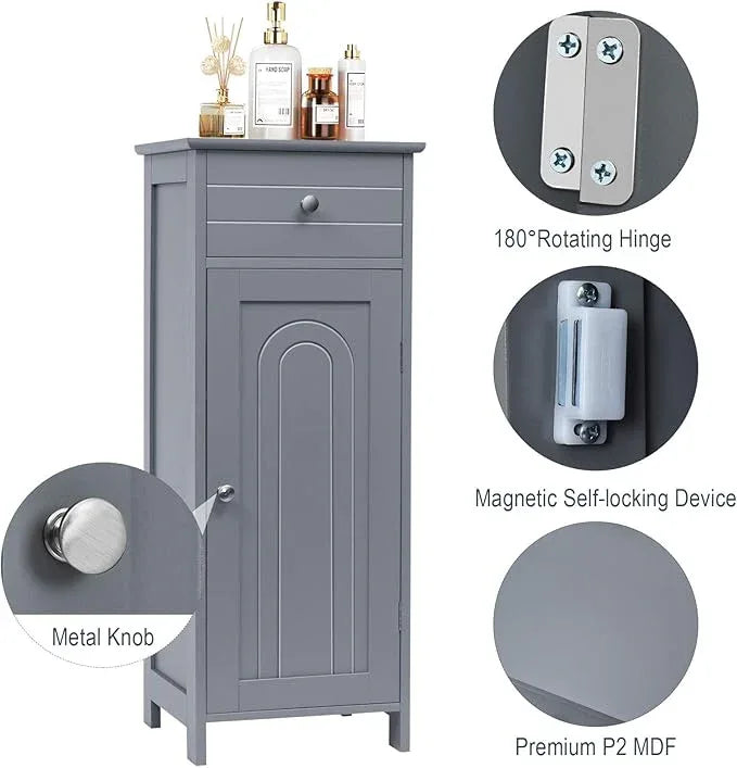 Tangkula Bathroom Floor Cabinet, Wooden Side Storage Cabinet, Freestanding Single Door Bathroom Cabinet with Large Drawer & 2 Adjustable Shelves for Living Room Kitchen (Grey) - ModernBath
