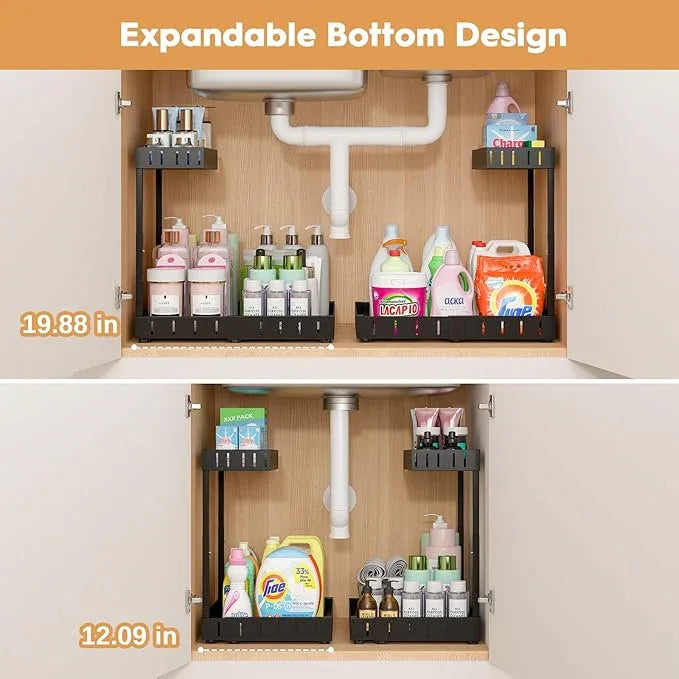 REALINN Under Sink Organizer, 2 Tier Expandable Under Cabinet Organizer, Heights Adjustable Pull Out Storage for Kitchen Bathroom Laundry, Black, 2 Pack - ModernBath