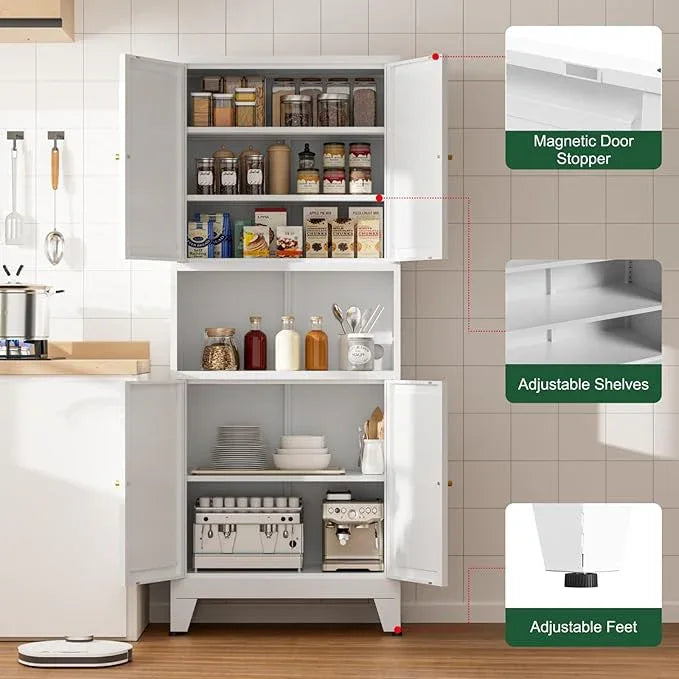 Metal Kitchen Pantry Cabinet, 69" Tall Storage Cabinet with 4 Doors and 3 Adjustable Shelves, Freestanding Cupboards for Dining Room, Living Room, Bathroom (White, 69" H) - ModernBath