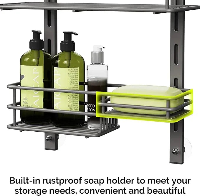 Orimade Over the Door Shower Caddy Adjustable 3 Tier Dark Grey,Bathroom Hanging Organizer Shelf Rustproof with 4 Hooks,Shower Basket with Soap Holder and Suction Cup - ModernBath