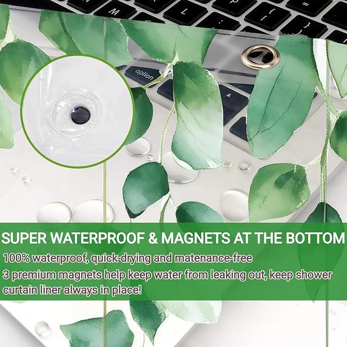 CAPQL Clear Eucalyptus Leaves Butterfly Shower Curtain Liner, Plastic Transparent Green Plant Shower Curtains for Bathroom, 72x72 Weighted Magnetic Shower Curtain Set with 12 Hooks - ModernBath