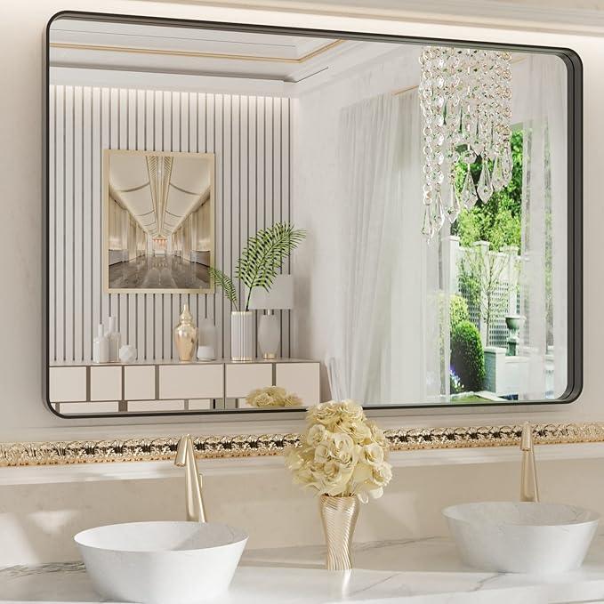 WEER Black Bathroom Mirror 48X32 Inch, Rectangular Black Metal Framed Mirror for Wall, Matte Black Vanity Mirror with Tempered Glass, Anti-Rust, Shatterproof, Hangs Horizontal or Vertical - ModernBath