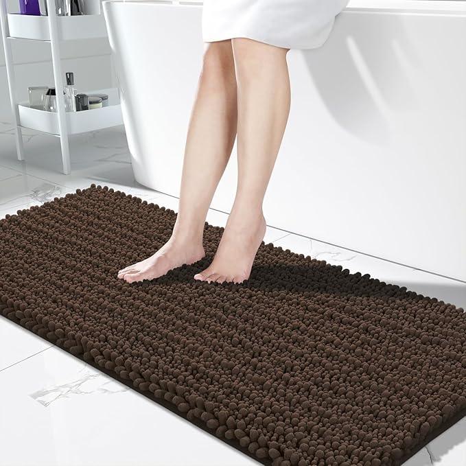 Yimobra Bathroom Runner Rug 60x24 Inch - Extra Long Non Slip Chenille Bath Mat, Soft & Absorbent, Machine Washable Shaggy Hallway Carpet for Vanity Tub Shower, Brown Home Decor Accessories - ModernBath